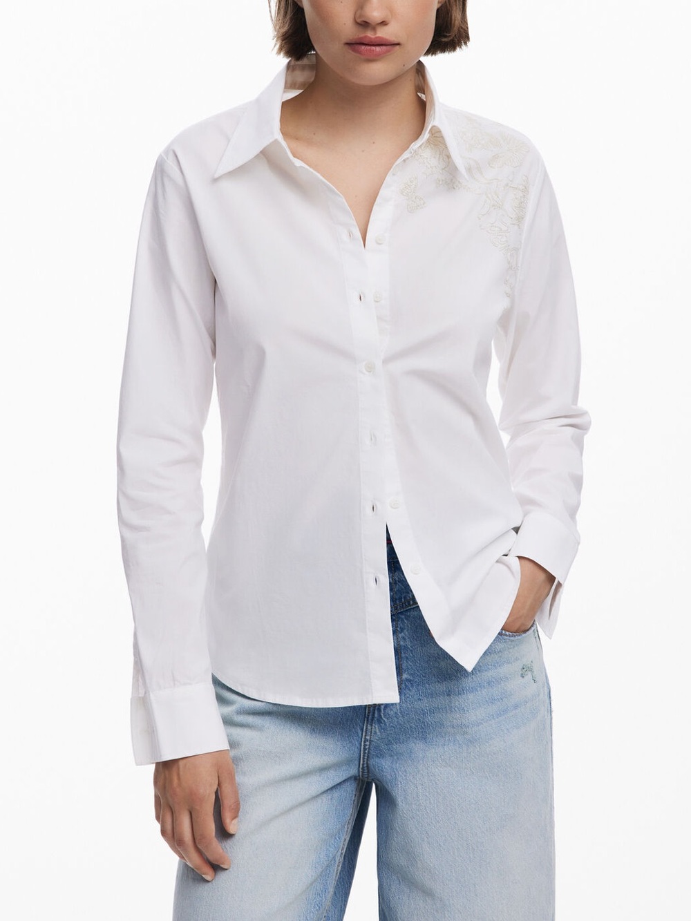 Desigual Embroidered Long Sleeve Stretch Cotton Button-Up Shirt White Medium